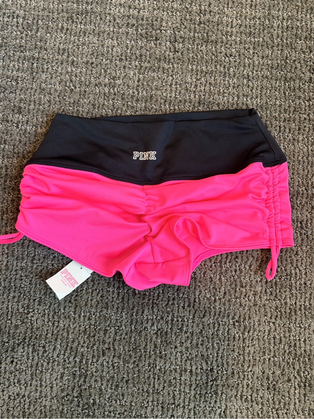 NWT VS PINK Gym to Swim Ruched Bikini Shorts Neon Pink Black - XS - NEW - Picture 2 of 4